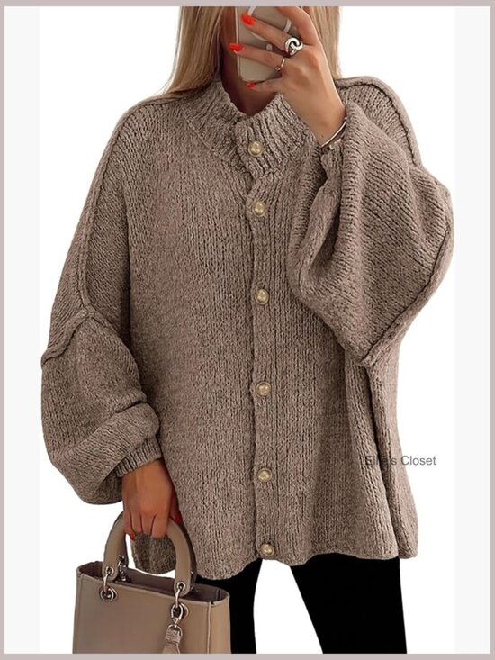 Sweaters - Women's Chunky Knit Mock Neck Lantern Sleeve Button Down Cardigan Jacket